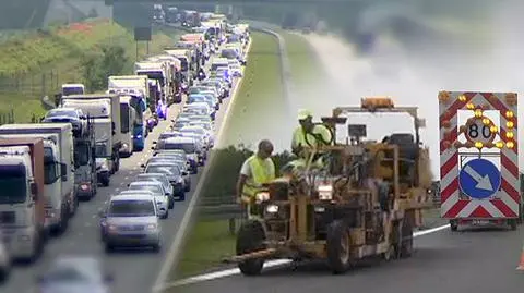 Malowanie pasów na A2 w biały dzień i wielkie korki